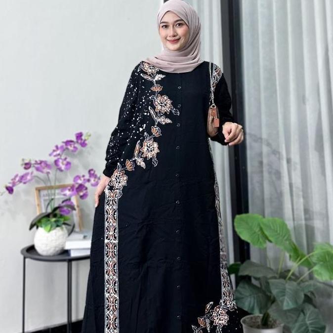 Arsy- Naya Batik - Gamis Twill Pekalongan Cap Malaman Bukan Sablon Motif Garis Dress Muslim Nita Rem