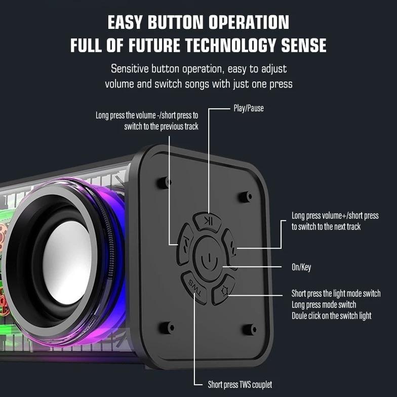Official 13.6W Bluetooth Speaker Double Subwoofer Music Speaker Rgb Led Light  Transparent Cyberpunk