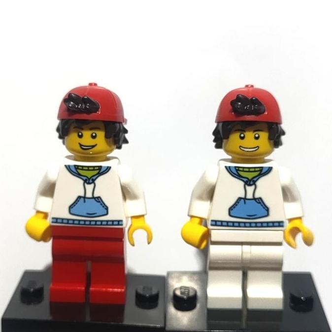 Promo Lego Minifigure kids boys red inverted cap & white shirt with masker Diskon