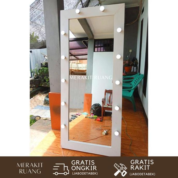 Standing Vanity Mirror Kaca Full Body OOTD Dengan Lampu Terang Elegan