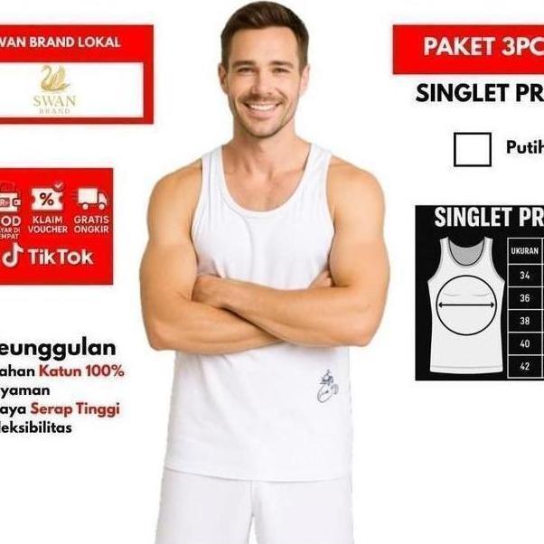 3Pcs Swan Kaos Dalam Singlet Pria Putih 100% Katun Original Nyaman Ukuran 34-44 Sku - 361