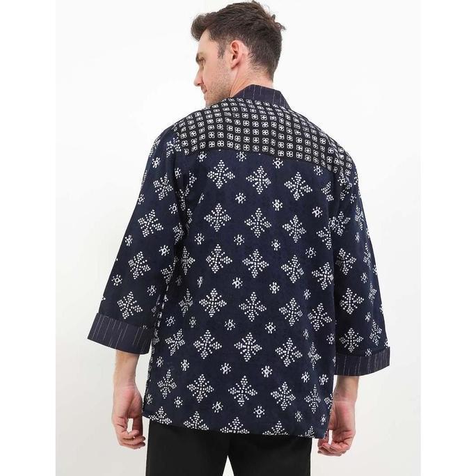 Rianty Batik Premium Pria Outer Panjang Lurik Furing Aksaja Navy