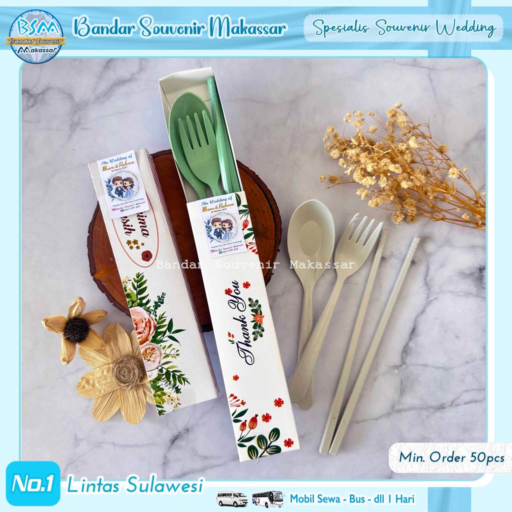 ( min.order 50 pcs ) Souvenir Sendok Garpu Sumpit LOKAL Set Travel Kemas BOX SLIDE Makassar Kendari