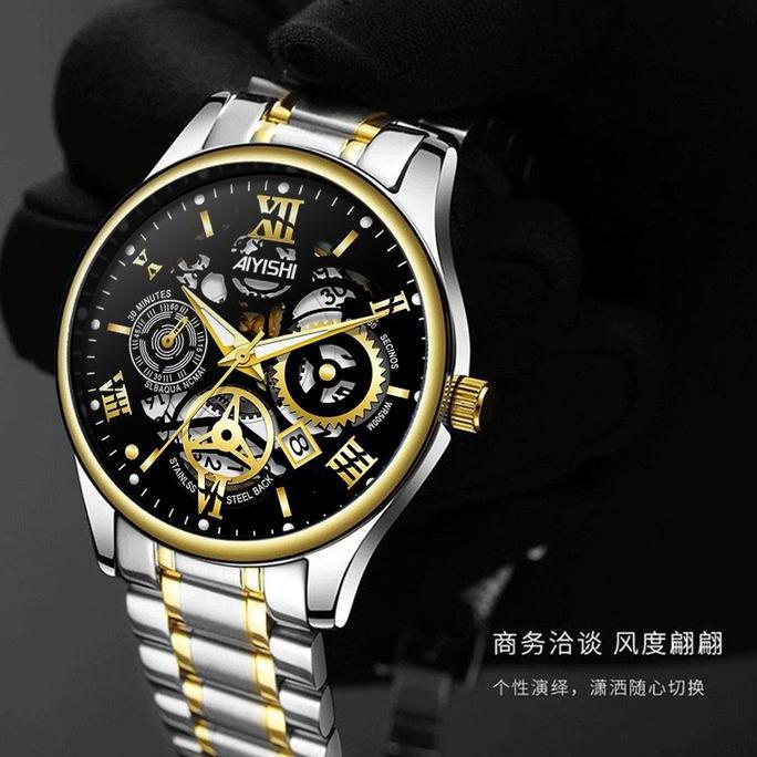 Orologio- Aiyishi Jam Tangan Pria 1806 Dial Berongga Kuarsa Anti Air Tali Stainless Steel Hitam Gara