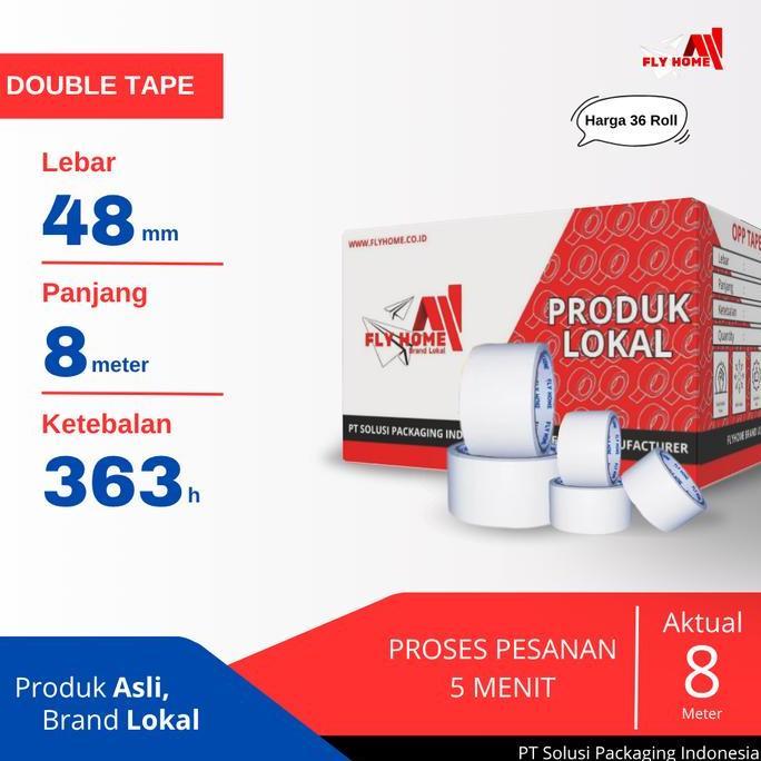 FLYHOME Double tape 1/2 dus 48mm x 8meter 36 roll hotmel ukuran full