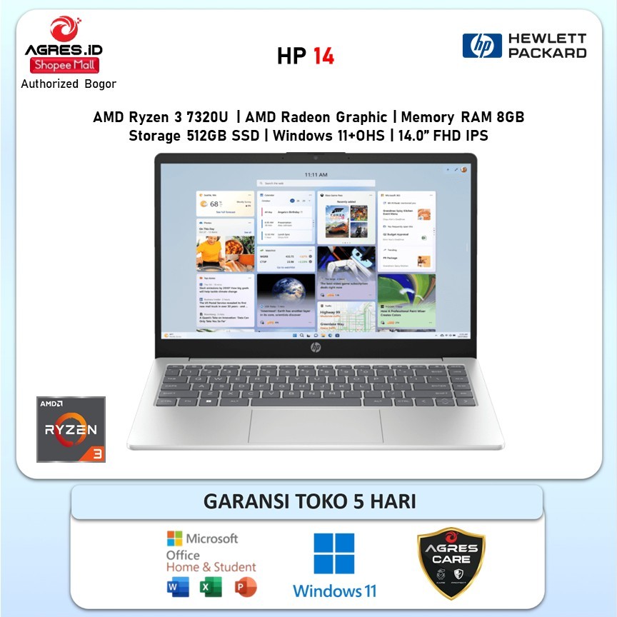 HP 14 RYZEN 3 7320 8GB 512GB W11+OHS 14.0FHD IPS