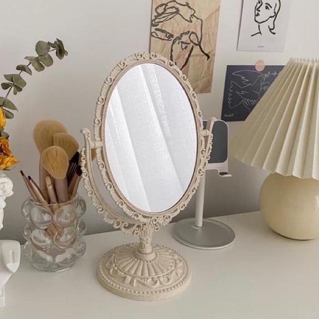 KACA MEJA RIAS CERMIN KACA MAKE UP VINTAGE CLASSIC OVAL 2 SISI RETRO MIRROR PAJANGAN CERMIN MEJA ANT