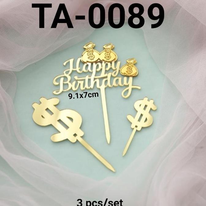Produk Unggulan] TA-0089 Cake topper akrilik happy birthday uang dollar kantong emas