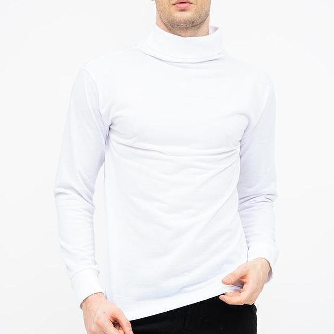 Turtle Neck Pria Lengan Panjang Putih Kaos Kerah Tinggi Slim Fit