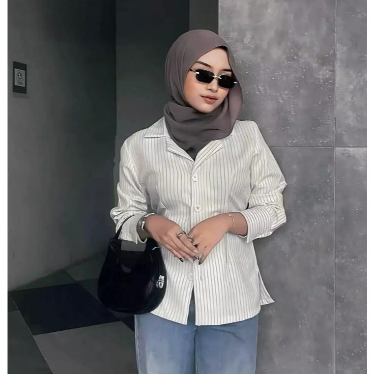 HOT DEALS Esme Blazer - Fitted Stripe Shirt Blazer Semi Wool Atasan Wanita Lengan Panjang blazer for
