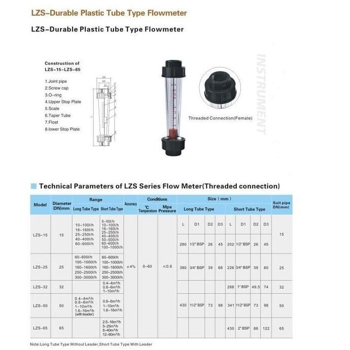Promo Rotameter 100 - 1000 Liter per Jam / Rotameter LZS 15 plastic / Flowmeter 1/2" inch Drat / Flo