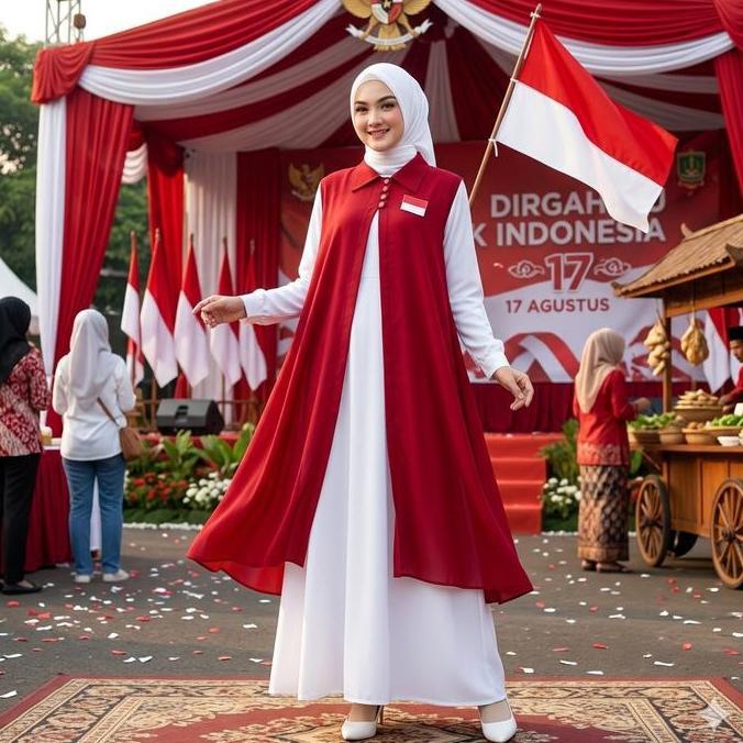 PREMIUM / Outer Ceruty  Wanita Muslim Kardigan Panjang Merah Cabe 17 Agustusan