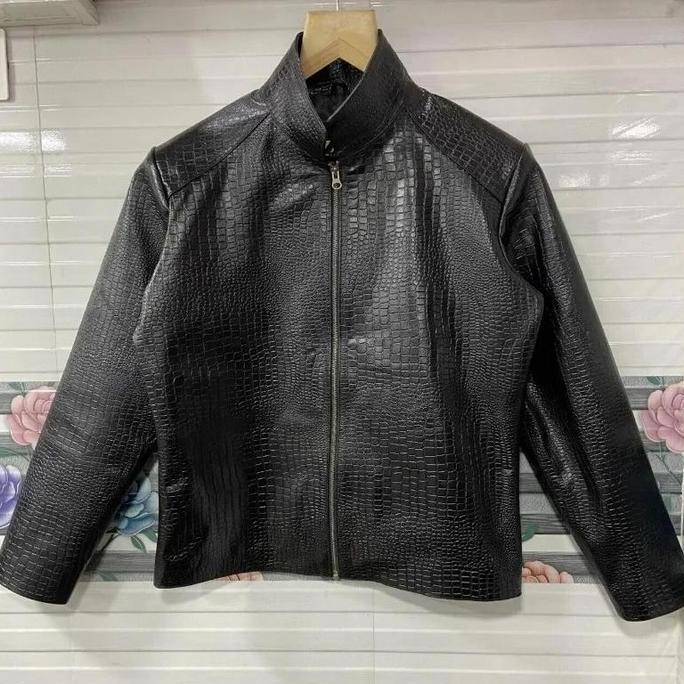 PREMIUM / Men Black Real Leather Jacket Crocodile Embossed Biker Motorcycle Vintage Coat