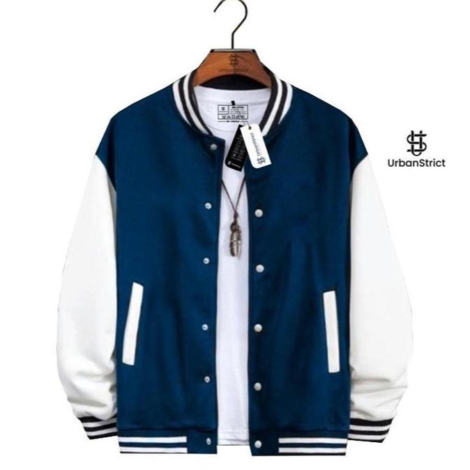 PREMIUM / Urbanstrict - Varsity Baseball Jacket Distro Unisex Polos Navy Putih Jaket Varsity