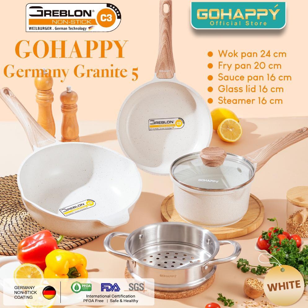Panci Set Swiss Wok frying Milk Pan Marbel Granite tebal 5 piece Go Happy set wajan penggorengan