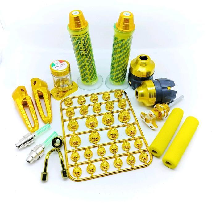 paket lengkap gold hangrip+Jalu stang+jalu as+cover baut+gantung+fostep+jarum olii +tutup pentil nya