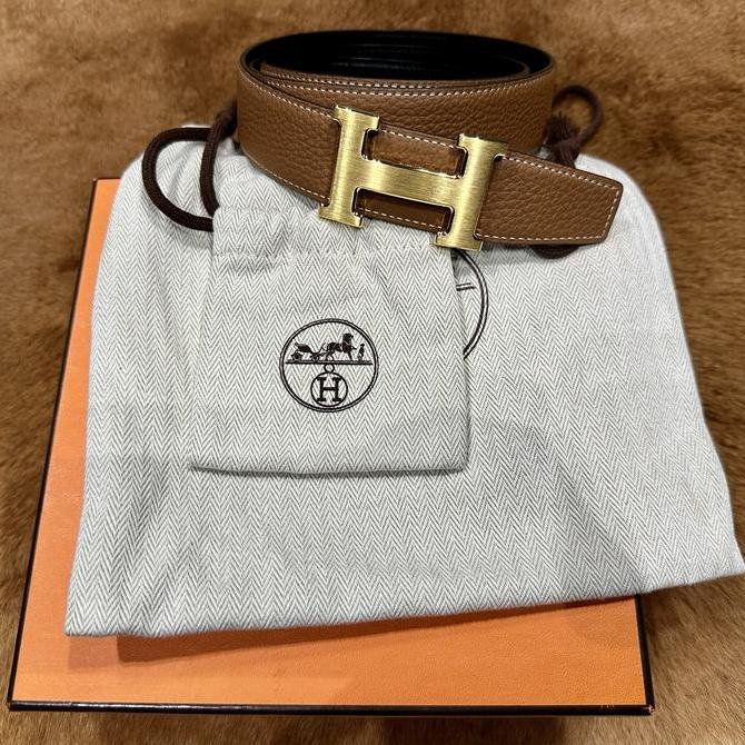 PREMIUM / Hermes Reversible Belt Brown Black Leather Belt Gold Buckle Brushed