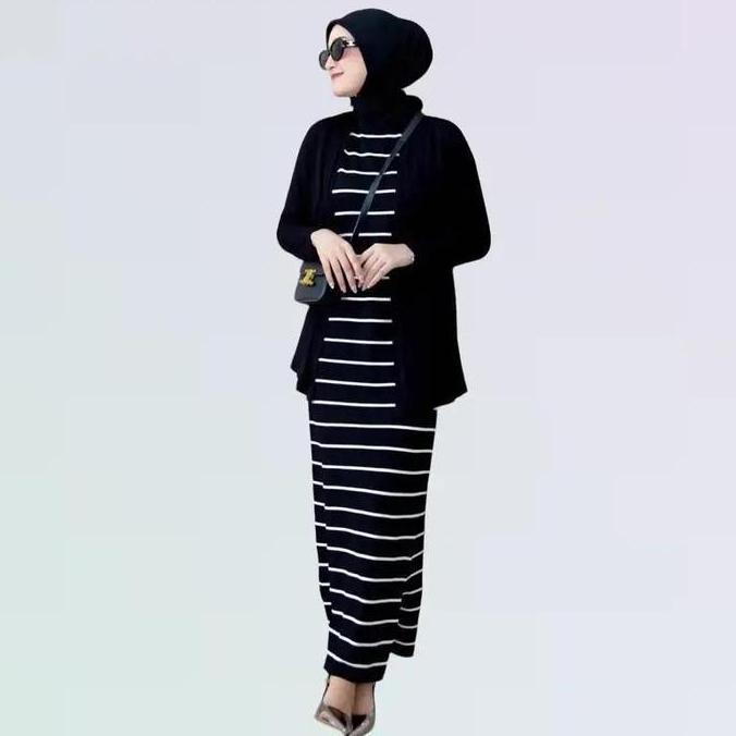 Long Dress Rajut Wanita Basic Inner Span Strip Tanpa Lengan - 2 ukuran Casual Garis