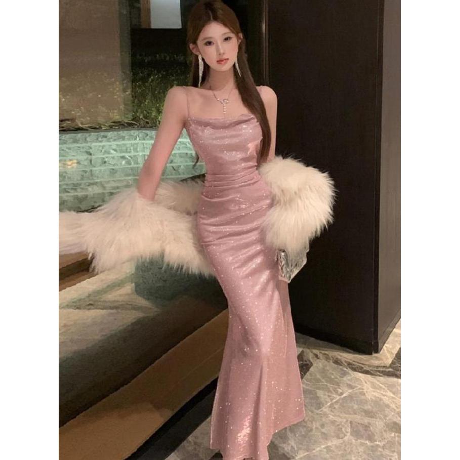 25018 MIDI dress pink Gaun Wanita Panjang Formal press body Korea dress import wanita Halter