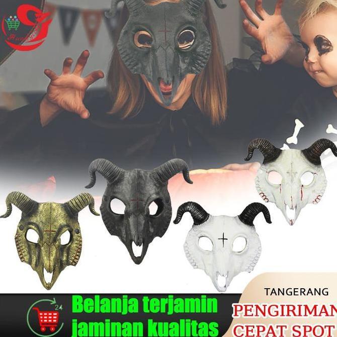 CALYEUM Halloween Topeng Tengkorak Kambing Setengah Wajah Masquerade Cosplay