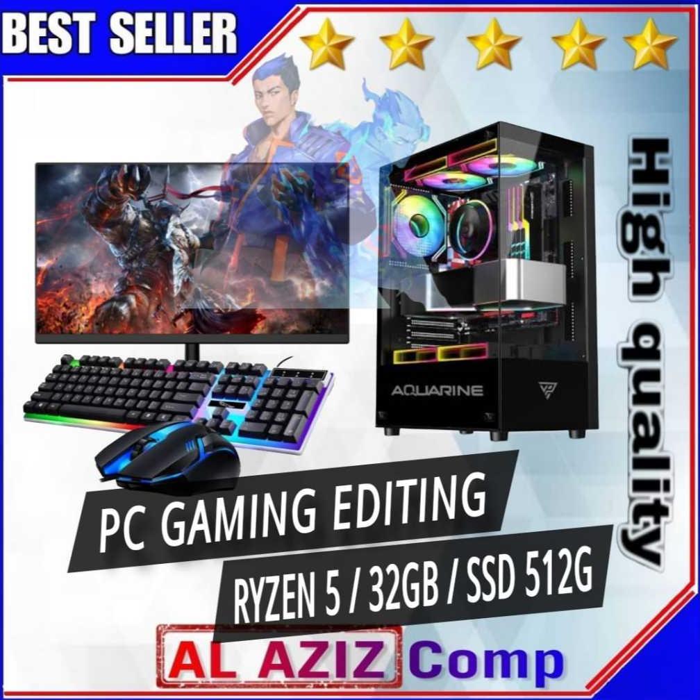 PC Rakitan Gaming Fullset AMD Ryzen 5 5600G RAM 32gb SSD 512gb Lengkap LED 24 Inci Keyboard Mouse Ga
