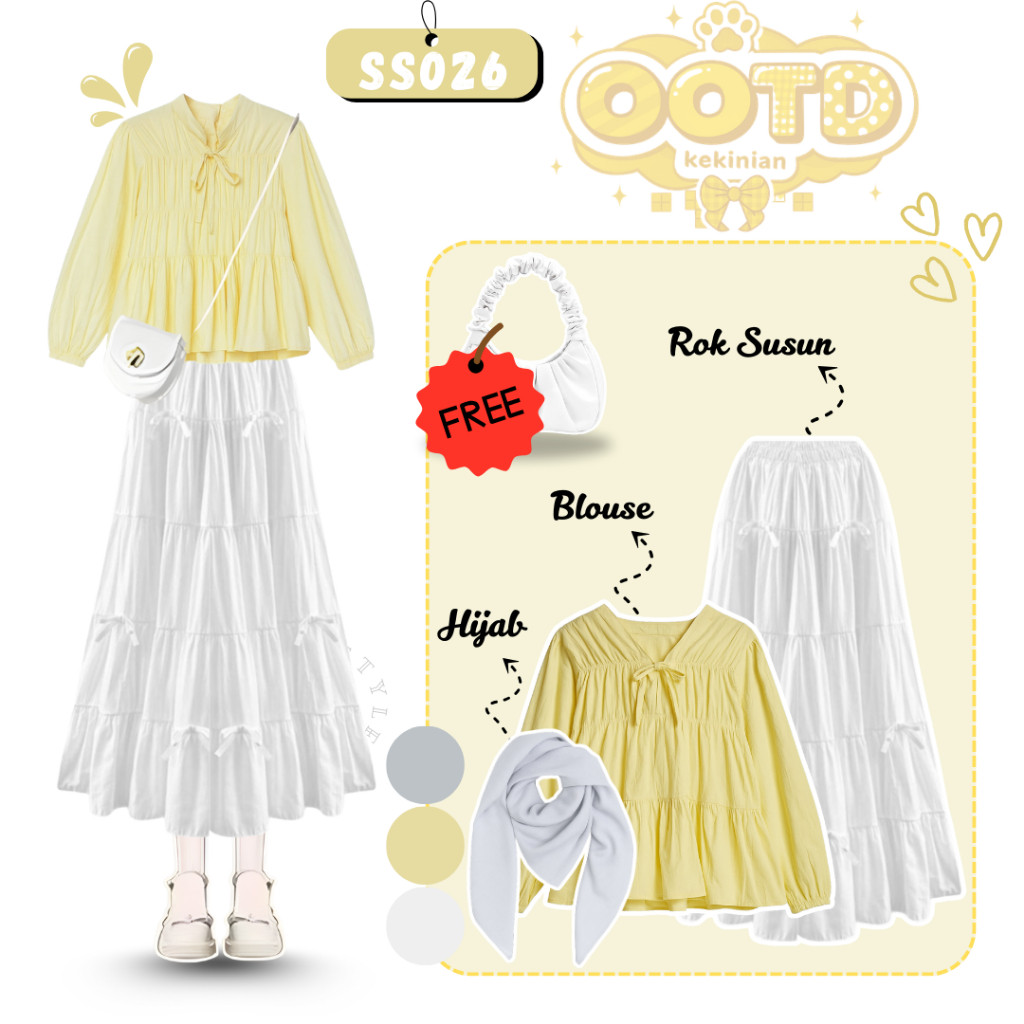 One Set Wanita Korean Style 4in1 | Blouse Kuning Pastel | Rok Susun Pita Putih | Hijab Silver | SS02
