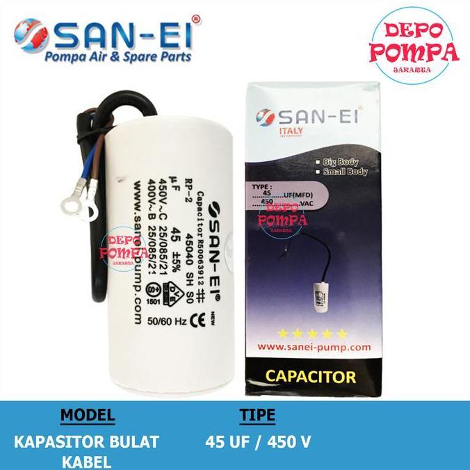 KAPASITOR BULAT KABEL SAN EI 45 UF - 450 V / KAPASITOR POMPA AIR FORSALE