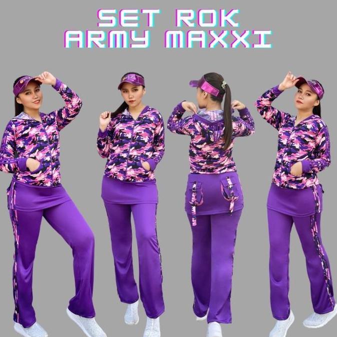 Stelan Baju Senam Aerobik Zumba Olahraga Panjang Muslim Hijab Army Rok ungu Setelan Atasan