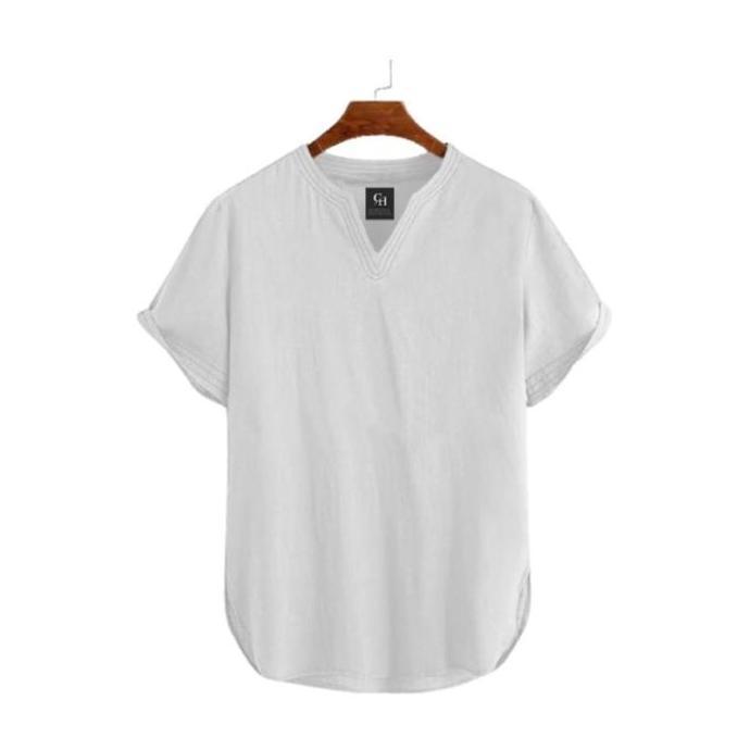 STOK TERBATAS - Koko Pria Muslim Lengan Pendek Putih V-neck Kemeja Kurta Casual Formal