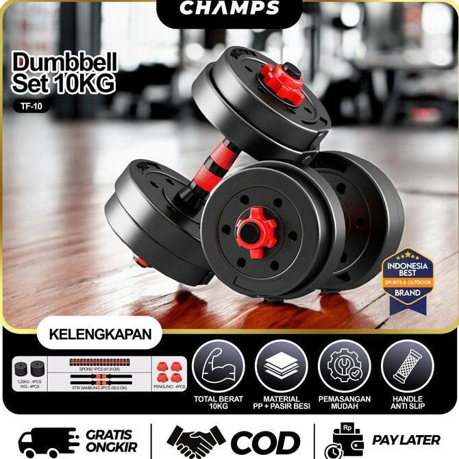 TERMURAH - CHAMPS Barbel 10 Kg Set Adjustable Olahraga Angkat Beban Mudah Dilepas Pasang