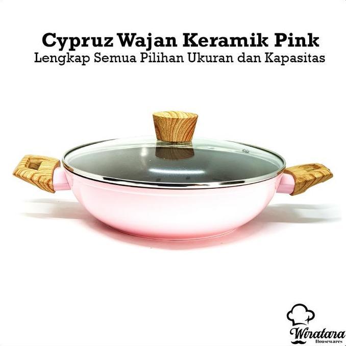 HARGA DISC - Cypruz Kuali + Tutup Kaca Pink Keramik 30cm | Wajan Anti Lengket