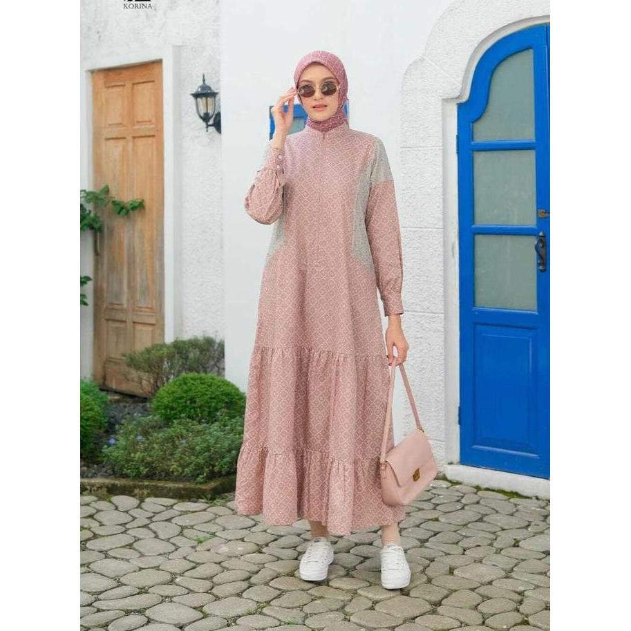 Korina Midi Dress Katun Printing Terbaru Muslim Wanita Dewasa Motif Panjang Cantik Nyaman