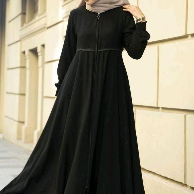 abaya bleck series other ziper asri 100cm Dress Remaja Syari Hitam  Kombinasi Renda Mewah Zipper Tur