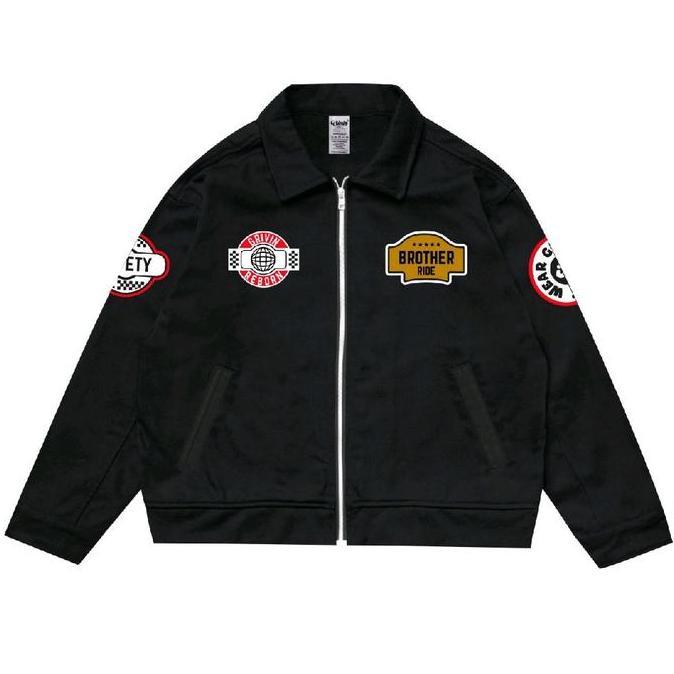 Grivin Work Jacket Minority Jaket Hitam Casual Bordir Pria Zipper Basic Unisex Cowok Bahan Drill Des