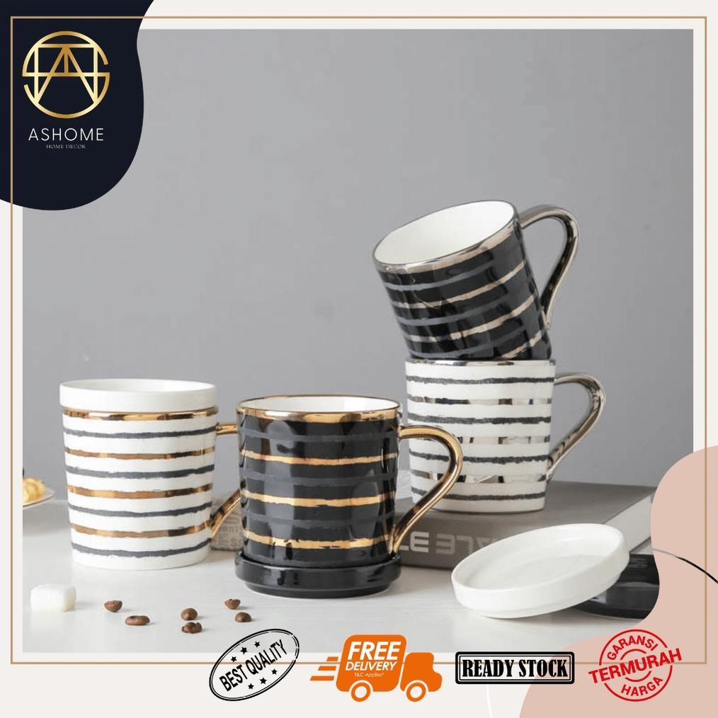 Gelas Minum Set Keramik Dengan Tutup List Silver dan GOld / Ceramic Mug Set With Cup Lid Gold Elegan