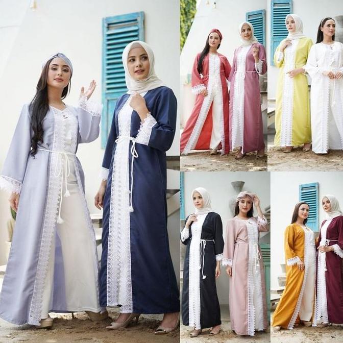 Arafah Outer Wanita Muslim Hijabers Lengan Panjang Motif Polos Bordir Free Tali