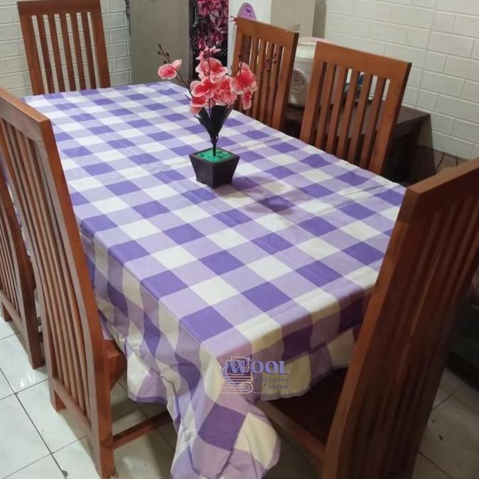 Taplak Meja Makan Aesthetic Bahan Kain Katun Motif Kotak Model Rumbai