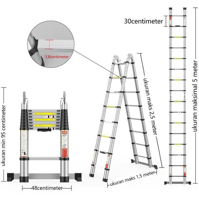 BOWEITI TANGGA LIPAT ALUMINIUM TELESKOPIK 5M DOUBLE TELESCOPIC LADDER