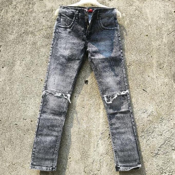 Celana jeans ripped hitam wash pahalutut sobek black ET Fit Nyaman Slim Tebal celana gangster