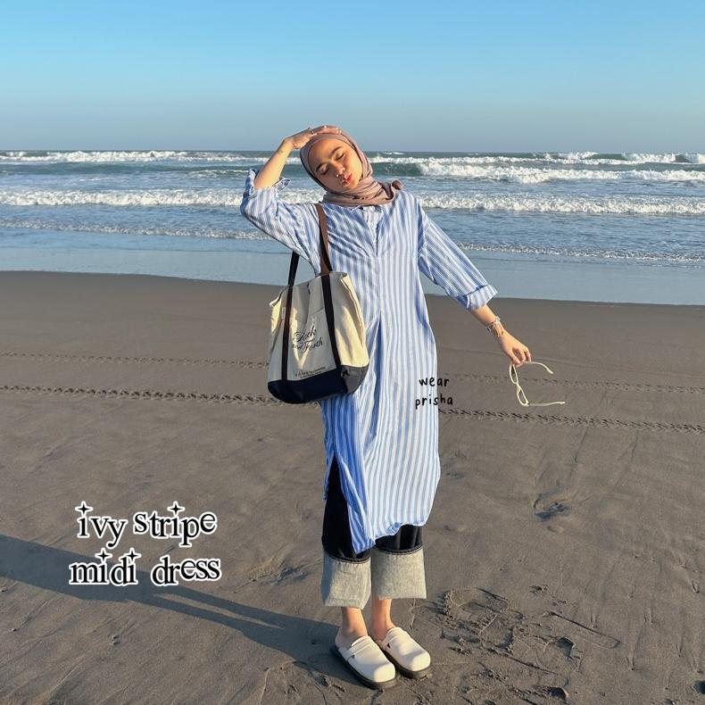 Ivy Stripe Midi Dress | Tunik Salur Oversize Gamis Garis Katun Hampir Habis