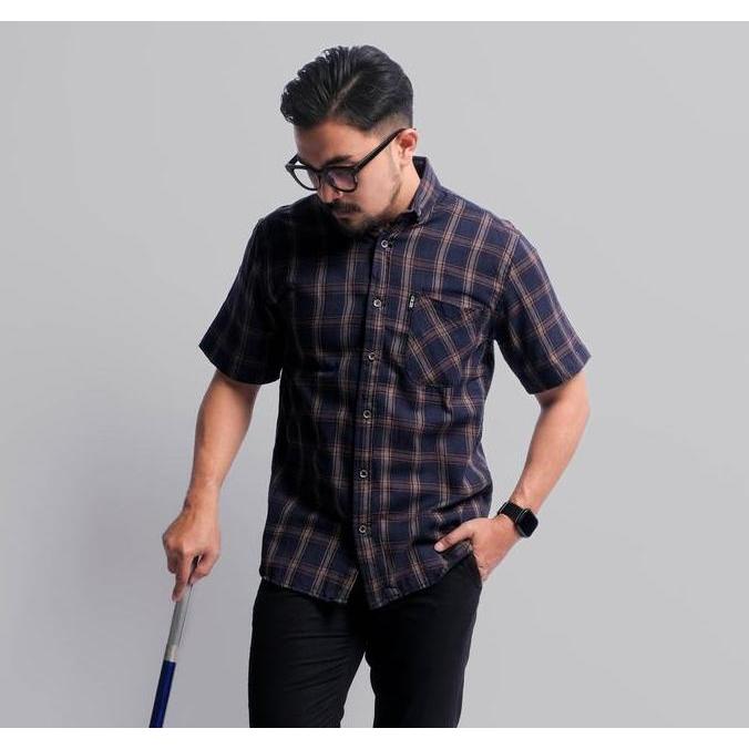 PAKAJI Kemeja Flanel Pria Lengan Pendek Hijau Garis Abu Kemeja Pria Flanel Pria Kemeja Pendek 013 B
