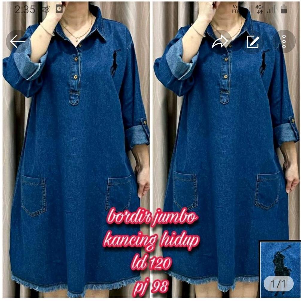 Tunik Jeans Wanita Dewasa Terbaru 2025 Kekinian Import Harga Murah Model Jumbo Bordir Ld 110,Ld 120 