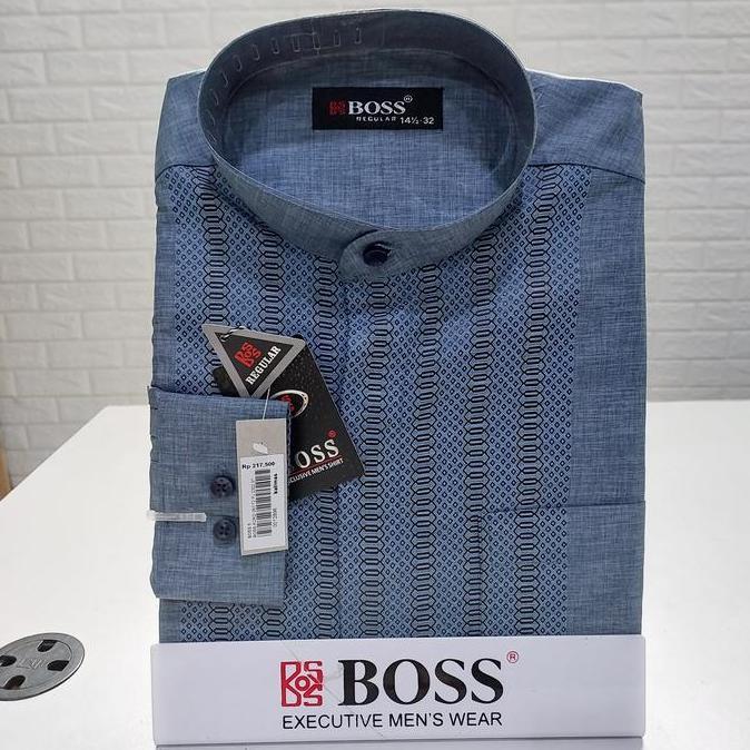 BOSS Kemeja Koko Lengan Panjang Regular Biru Salem Abu Muslim Pria Dewasa Baju Koko Elegan dengan Pi