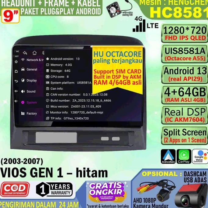 Promo Paket Headunit Android 9 Inch + Frame + Soket Pnp Toyota Vios Gen 1 - Hitam Hengchen Uis8581A 