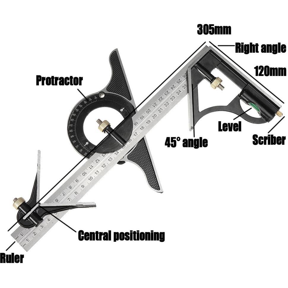 Penggaris Mistar Siku L Busur Derajat Kemiringan Sudut Kayu Waterpass Multifungsi Stainless Steel