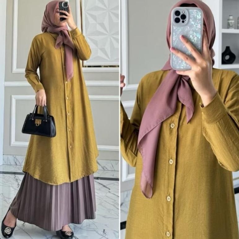 bestpromo atasan tunik polos wanita full kancing depan semi gamis wanita tunik suxexo terbaru 2025