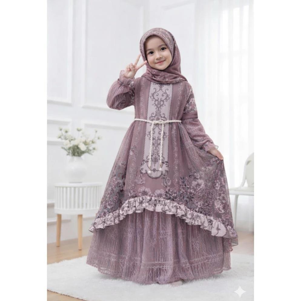 HOT PRODUCT Gamis Ceruty Babydoll Mix Brokat Chantilly Untuk Anak Perempuan Usia 3-12 Tahun Free Hij