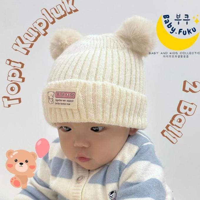 Farahamel12 - Baby.Fuku Topi Kupluk 2 Ball Bear Kupluk Model Bola Beruang Topi Bayi Kupluk Bayi Baha