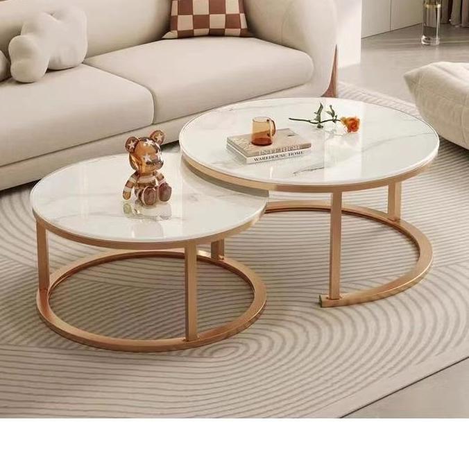 LYNVIOND Meja Tamu Bulat Meja Besi Estetik Meja Bundar Ruang Tamu Minimalis Marble Gold Set Meja Bes