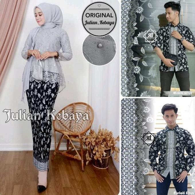 Hadirpopuler- Couple Kebaya Aurora Selendang Dan Kemeja Batik Pria Bordir Katun Baju Pasangan Kondan